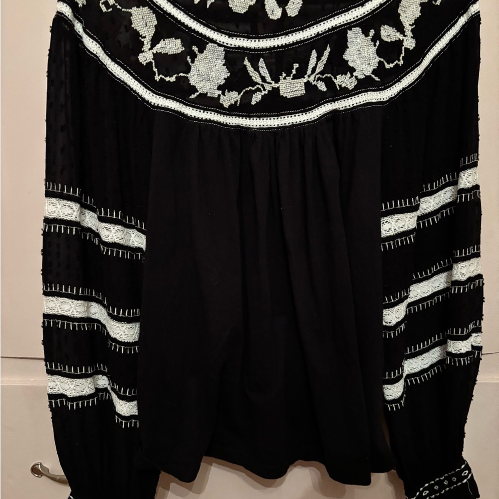 Anthropologie Maeve Black Blouse with White Embroidery